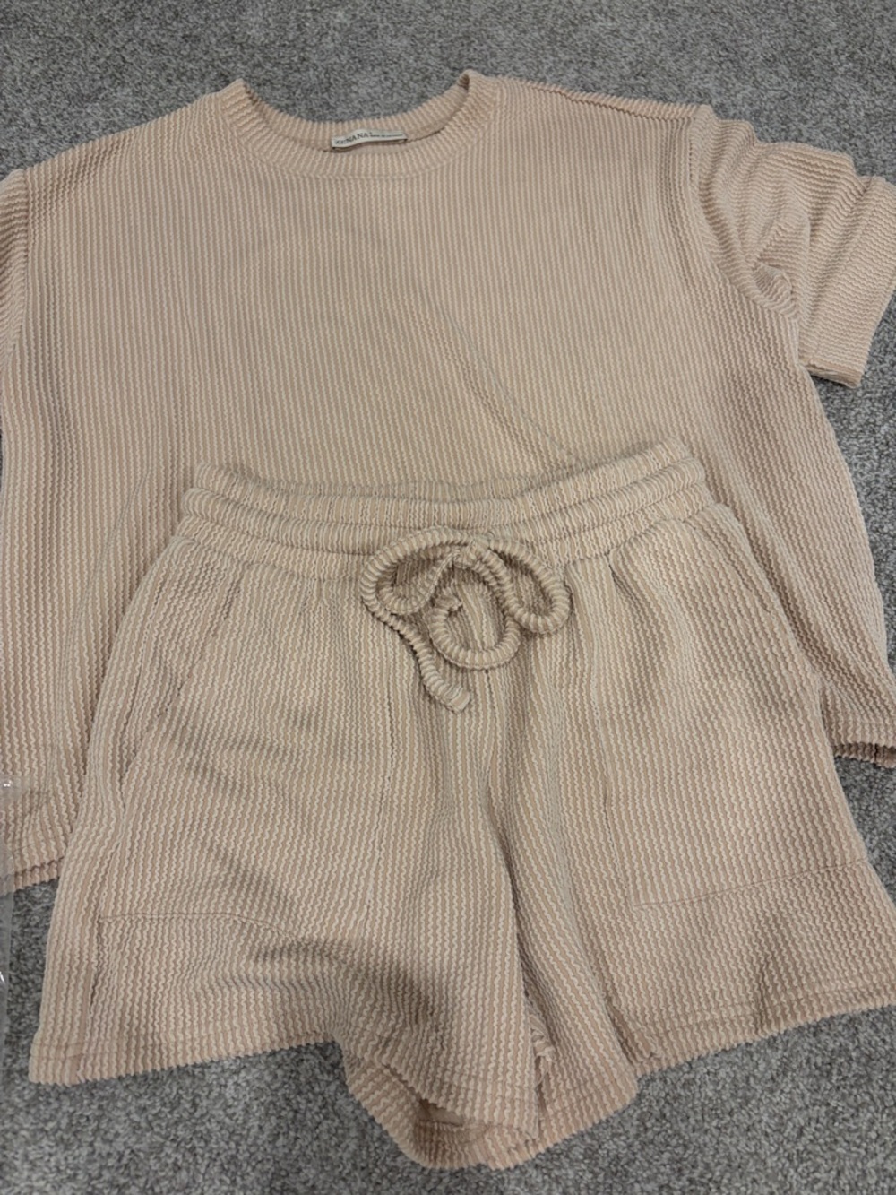 NewZenana Outfitters Ribbed Beige Waffle Knit Short Sleeve Top Short Set Small S